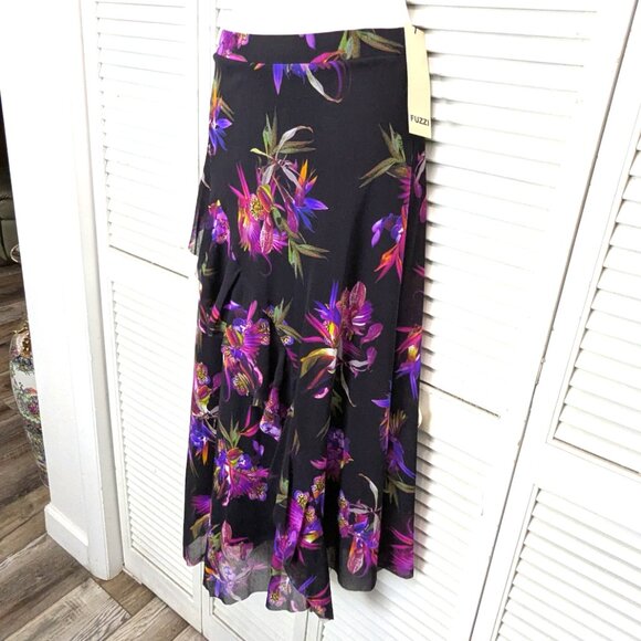 FUZZI Italy Black Floral Mesh Skirt NWT Small Pink Bird Paradise Ruffle Maxi - Picture 2 of 16